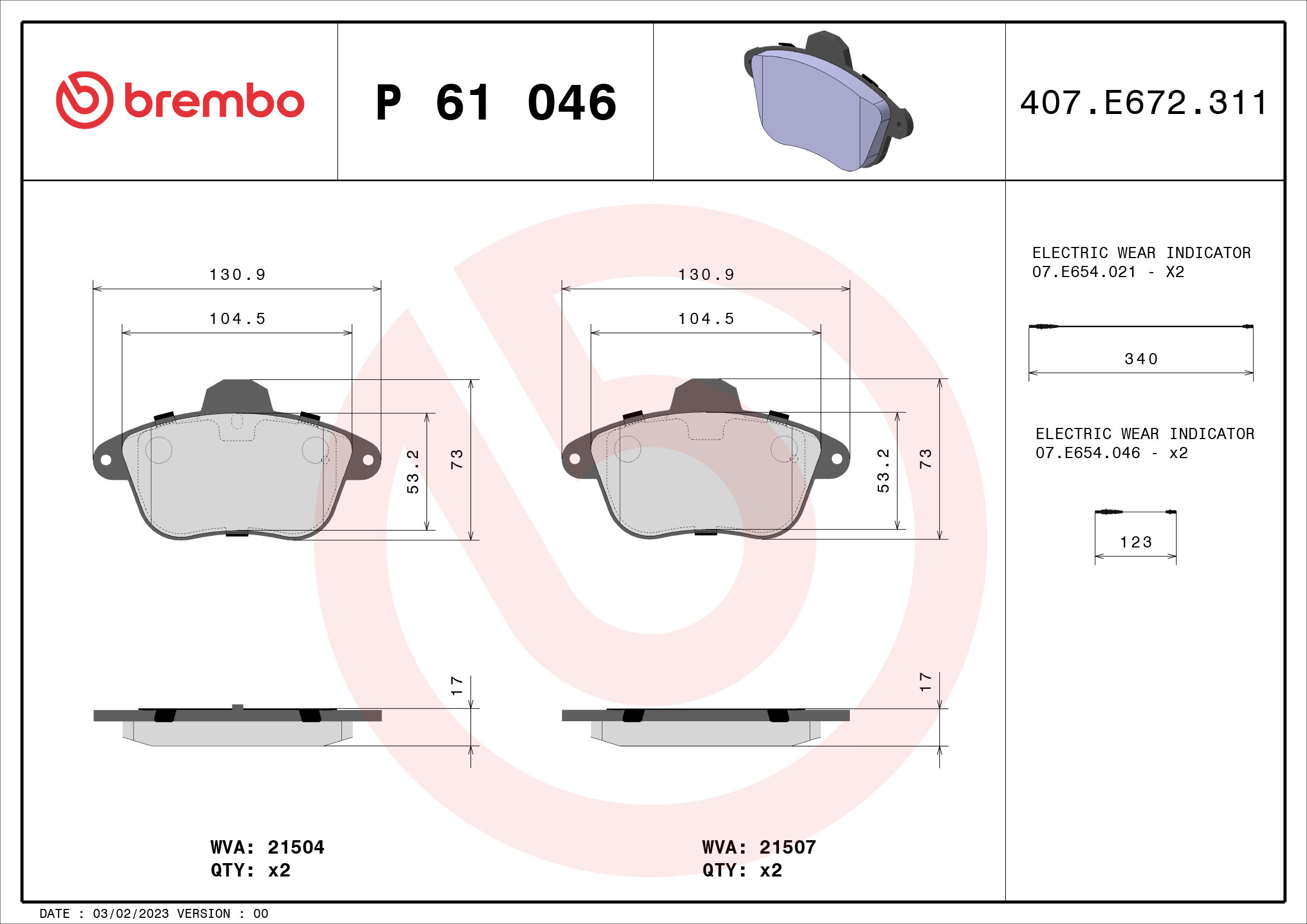 A.B.S. P 61 046 BREMBO Bremsbelagsatz, Scheibenbremse